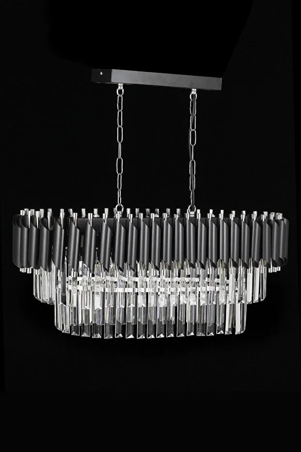 Palmira 75x35 Cm Kristal Taşlı Lüks Yemek Masası Üstü Avize 6'lı - (SİYAH-KROM)